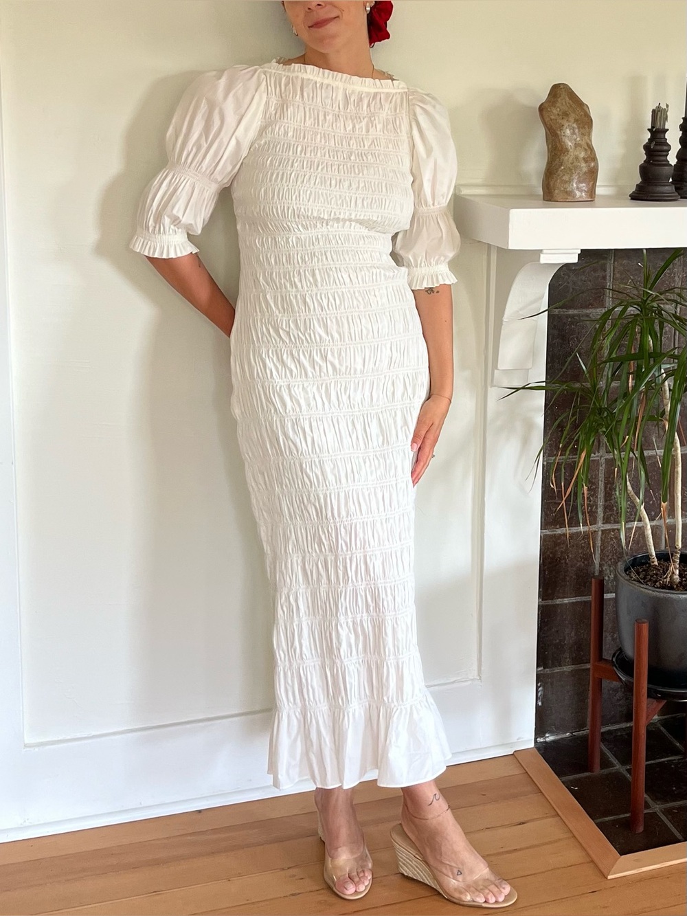 Doen White Smocked Midi Dress with Puff Sleeves